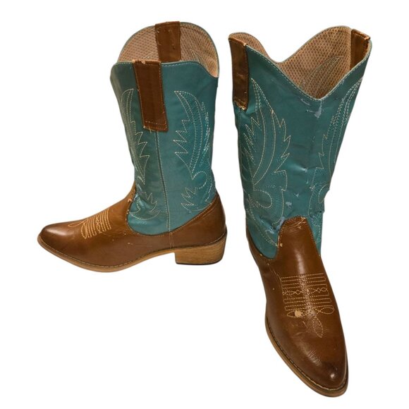 Turquoise and Brown Western Cowboy Boots Ladies Size 8 Synthetic Distressed - Picture 13 of 15